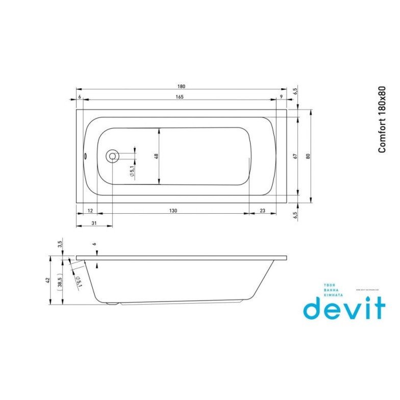 Акрилова ванна Devit Comfort 18080123 180х80 см