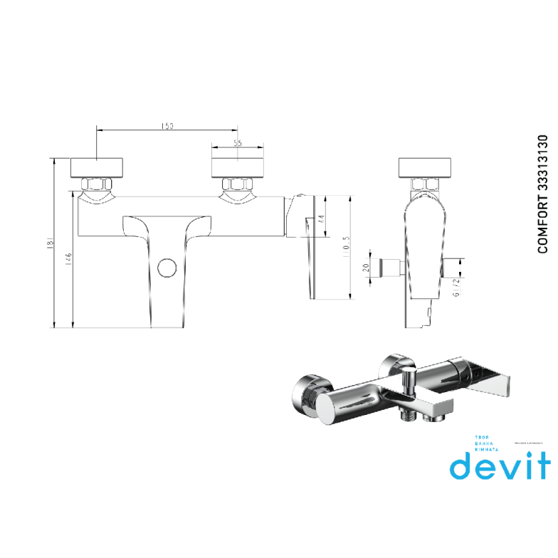 33313130 COMFORT DEVIT Змішувач для ванни, хром