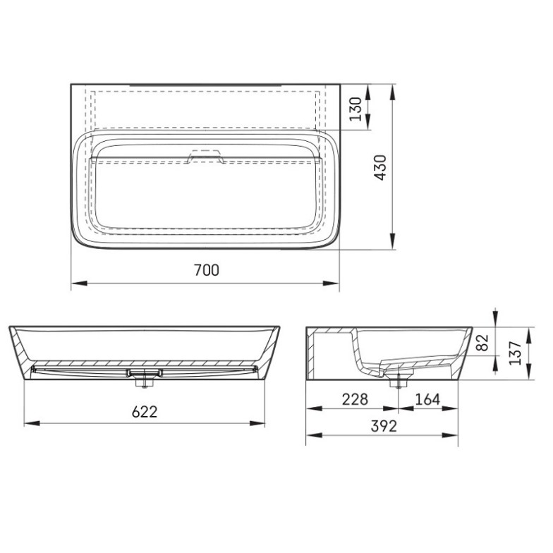 Раковина PAA, IQUAS/00  QUADRO, ширина 70см, з литого (штучного) каменю SilkStone, білий мат