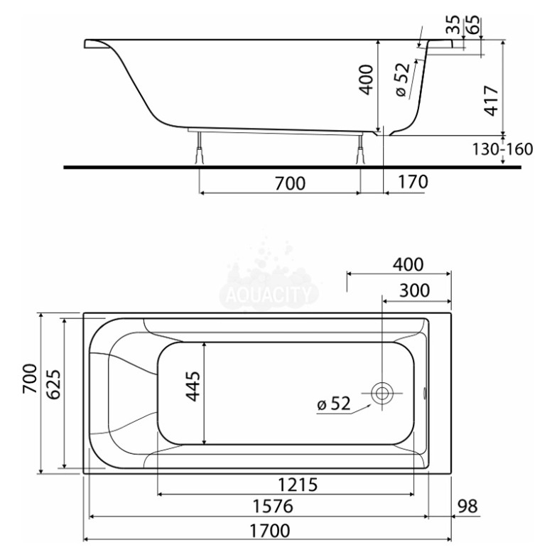 XWP3677000N Ванна акрилова прямокутна Rekord 170x70 см, біла, без ніжок