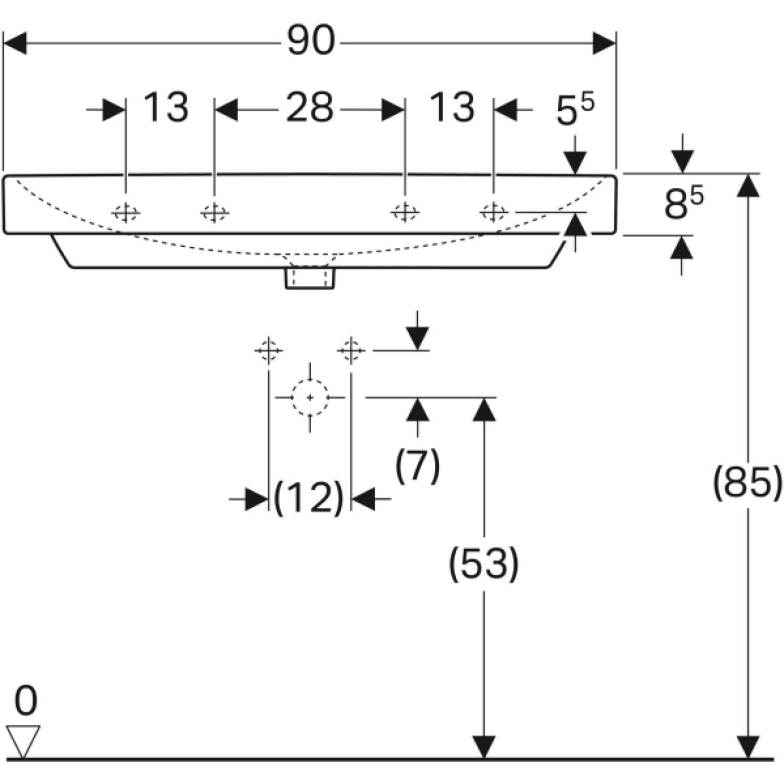 Умивальник Geberit,  Smyle Square 500.251.01, 90см, отвір для змішувача в центрі, перелив видимий, білий