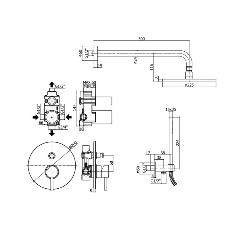 KIT LIG 015 CR  LIGHT Комплект душової системи, хром