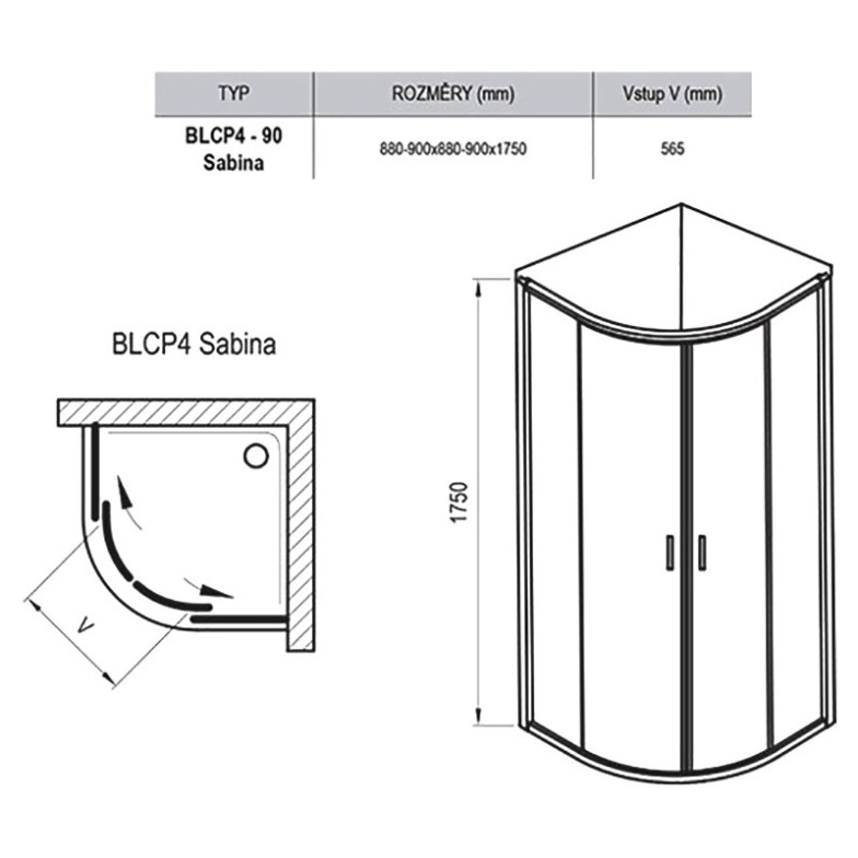 Душова штора BLCP 4-90 Sabina Transparent + білий Ravak  (3B270140Z1)