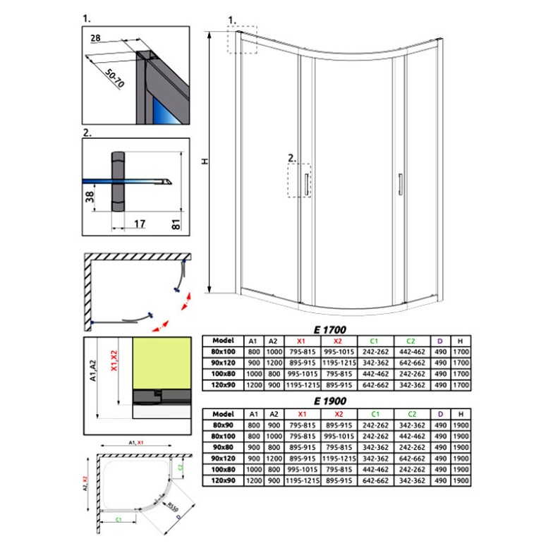 Душова штора Premium Plus Е 100x80 графіт Radaway  (30491-01-05N)