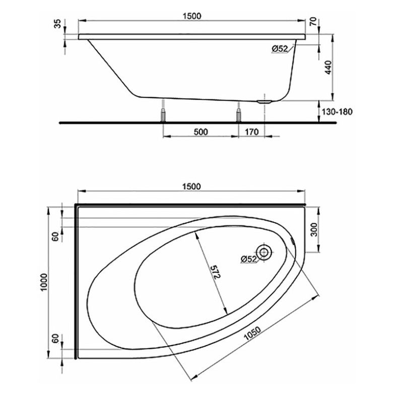 Ванна Elipso 150x100 з ніжками отвір зливу справа Kolo  (XWA0851000)