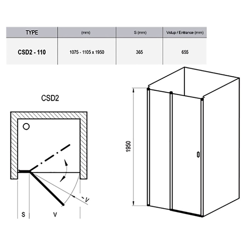 Душові двері CSD 2-110 Transparent + білий Ravak  (0QVDC100Z1)