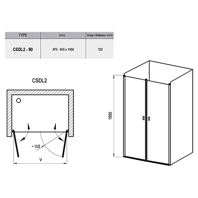 Душові двері CSDL 2-90 Transparent Ravak  (0QV7CC0LZ1)