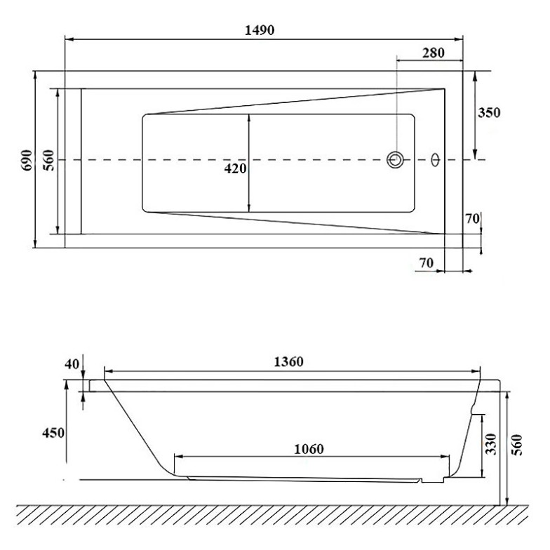 Ванна Mirella 150x70 з ніжками Radaway  (WA1-48-150x070)