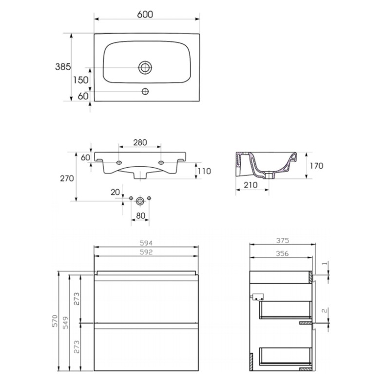 Шафка і раковина Moduo Slim 60 сірий Cersanit  (S801-226)