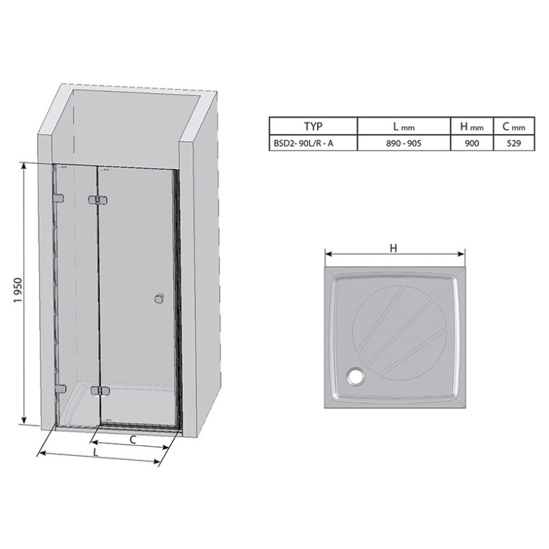 Душові двері BSD 2-90 А-L Transparent Ravak  (0UL7AA00Z1)