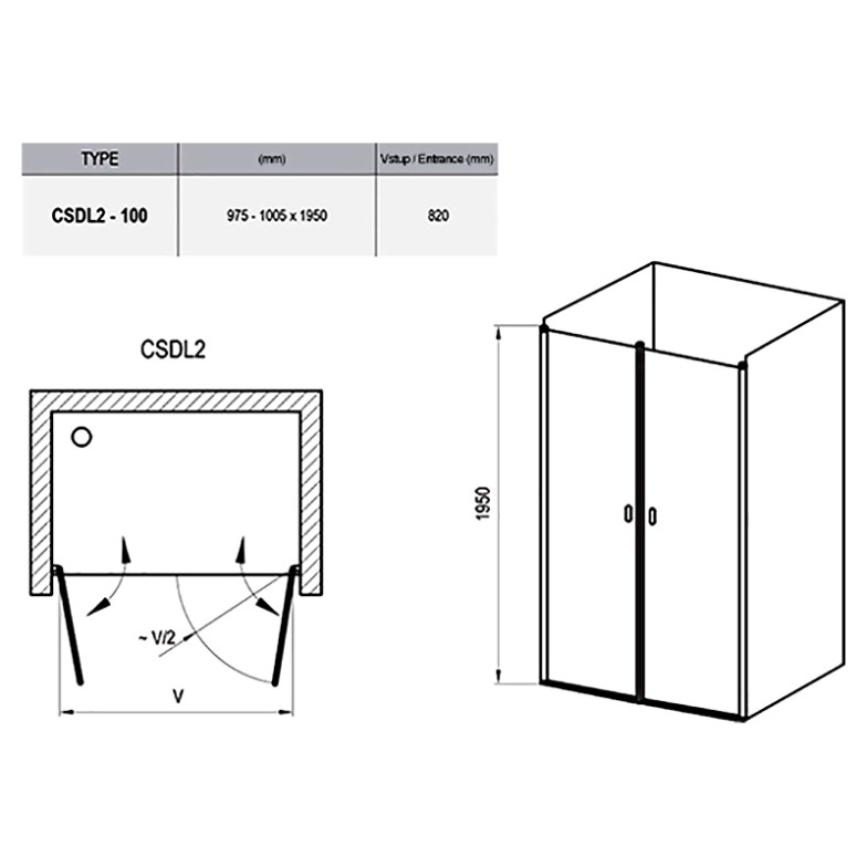 Душові двері CSDL 2-100 Transparent + сатиновий Ravak  (0QVACU0LZ1)