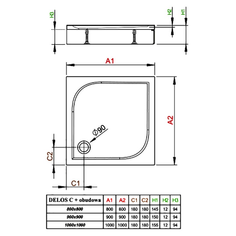 Піддон Delos C 80x80 з ніжками і панеллю Radaway  (4C88170-03)