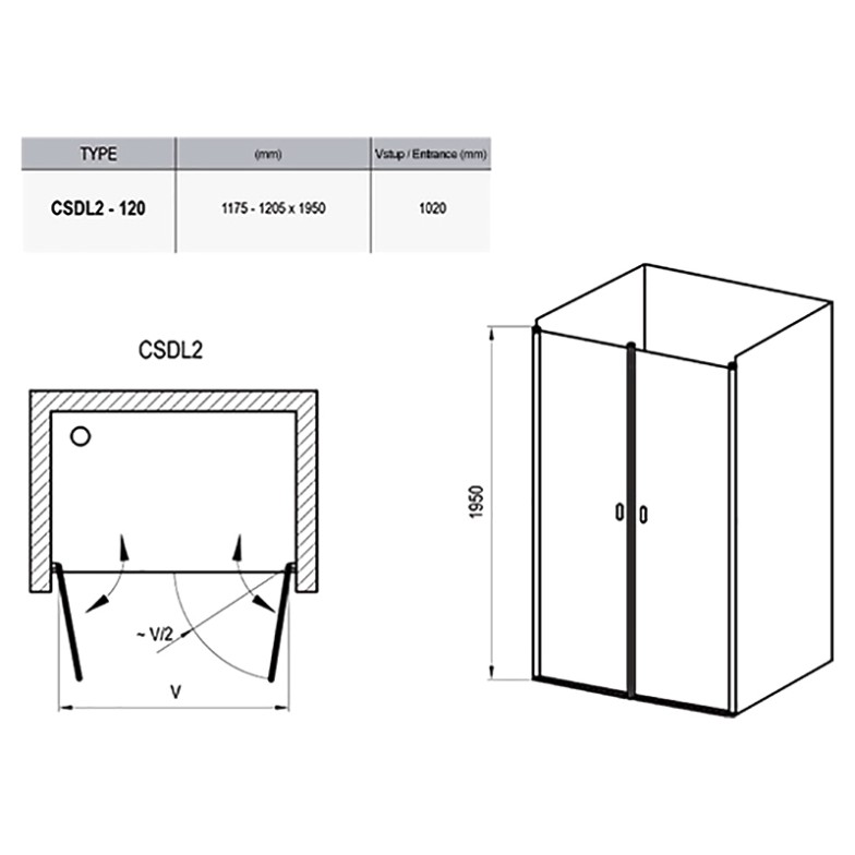 Душові двері CSDL 2-120 Transparent + білий Ravak  (0QVGC10LZ1)