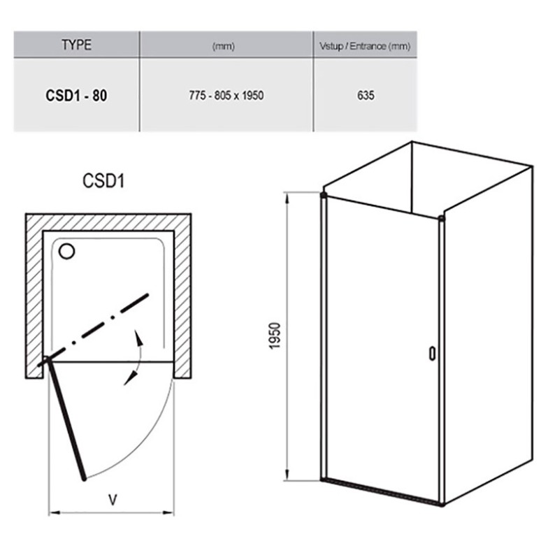 Душові двері CSD 1-80 Transparent + сатиновий Ravak  (0QV40U00Z1)