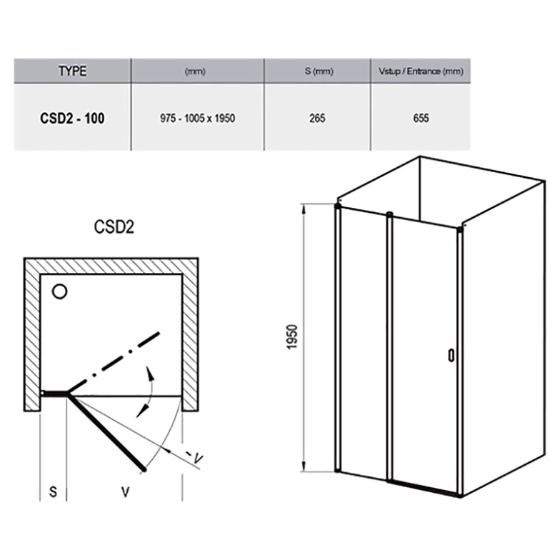 Душові двері CSD 2-100 Transparent + сатиновий Ravak  (0QVACU00Z1)