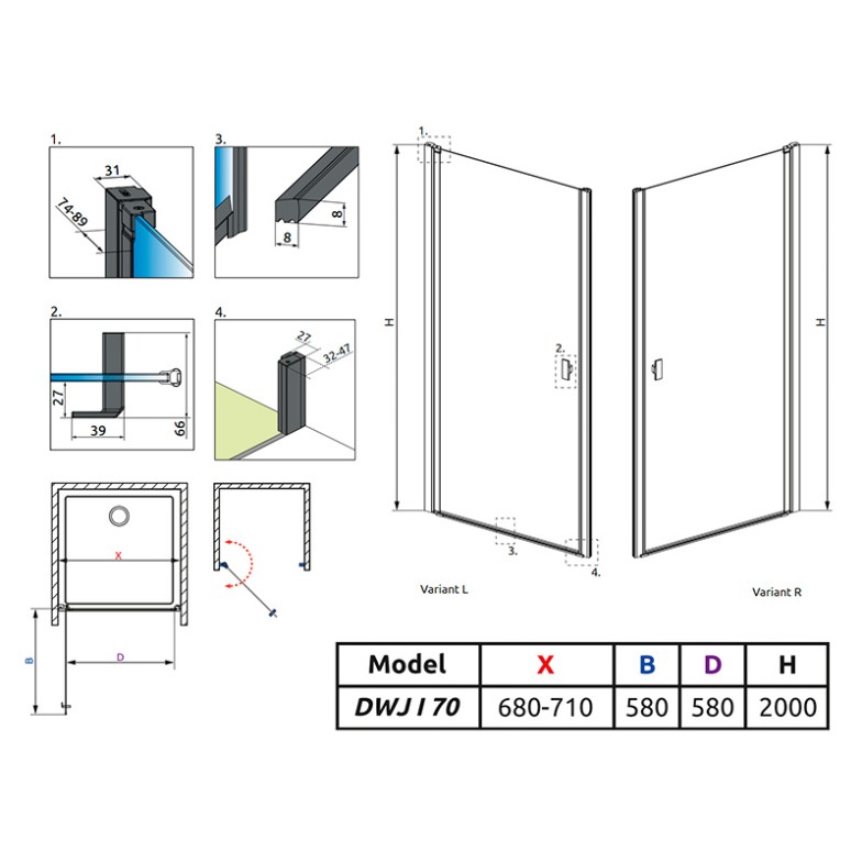 Душові двері 8 Black Frame DWJ I 70 L Radaway  (10076070-54-56L)