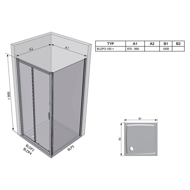 Душові двері BLDP 2-100 Transparent + сатиновий Ravak  (0PVA0U00Z1)