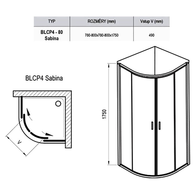 Душова штора BLCP 4-80 Sabina Transparent + сатиновий Ravak  (3B240U40Z1)