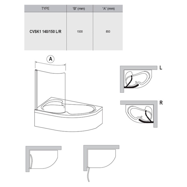 Штора для ванни CVSK1 Rosa 140/150 L Transparent Ravak  (7QLM0C00Y1)