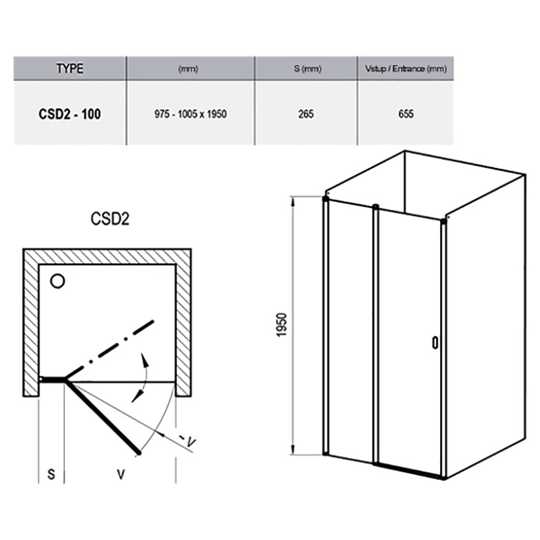 Душові двері CSD 2-100 Transparent + білий Ravak  (0QVAC100Z1)