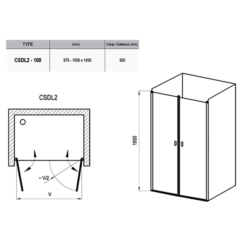 Душові двері CSDL 2-100 Transparent Ravak  (0QVACC0LZ1)