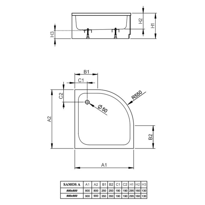 Піддон Samos A 80x80 з ніжками і панеллю Radaway  (4S88300-03)