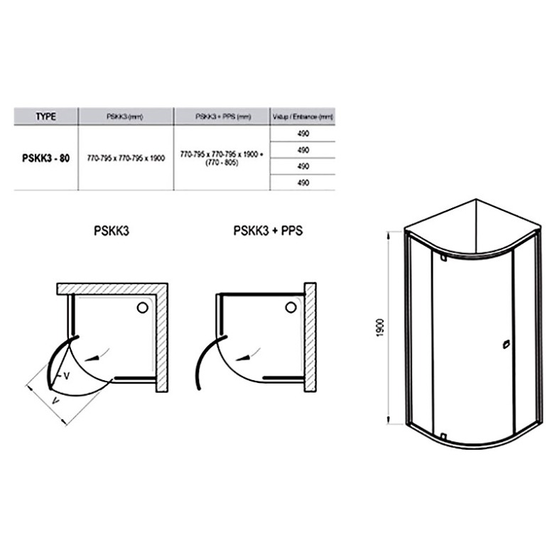 Душова штора PSKK 3-80 Transparent + чорний Ravak  (37644300Z1)