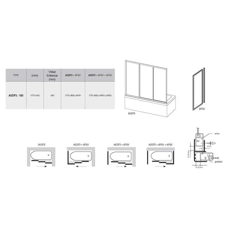 Штора для ванни AVDP 3-180 Ravak  (40VY0U02ZG)