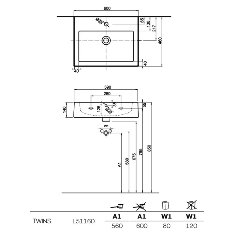 Раковина Twins 60 меблева прямокутна всередині Kolo  (L51160000)