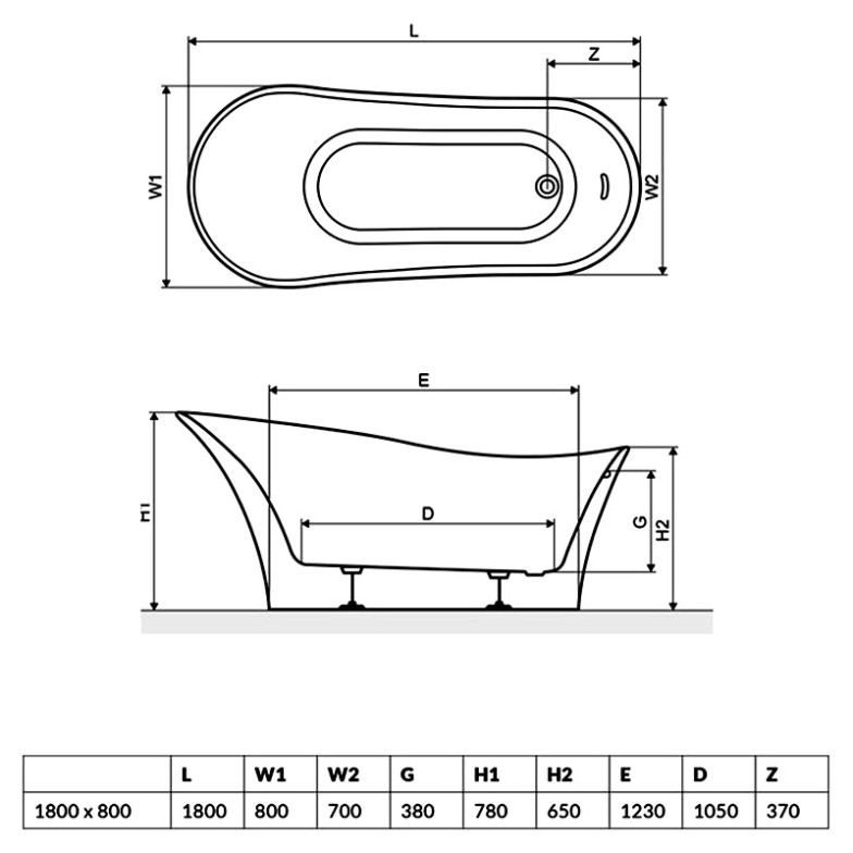 Ванна Creta 180x80 з ніжками Radaway  (WA1-43-180x080U)