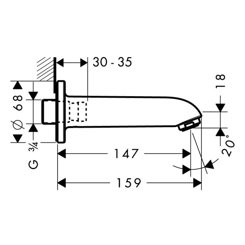 З розеткою. Трубна різьба 3 / 4``. Виступ 147 мм. Настінний монтаж. HansGrohe  (13414000)