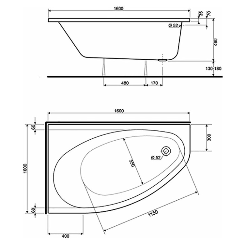 Ванна Elipso 160x100 з ніжками отвір зливу справа   (XWA0661000)