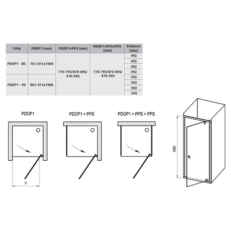 Душові двері PDOP 1-90 Transparent + чорний Ravak  (03G70300Z1)