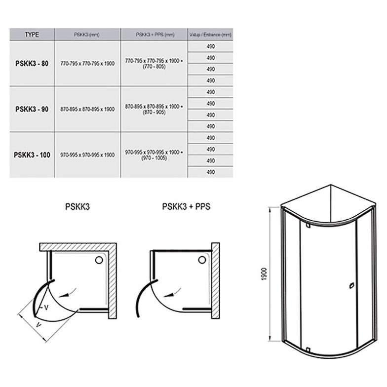 Душова штора PSKK 3-100 Transparent + чорний Ravak  (376AA300Z1)