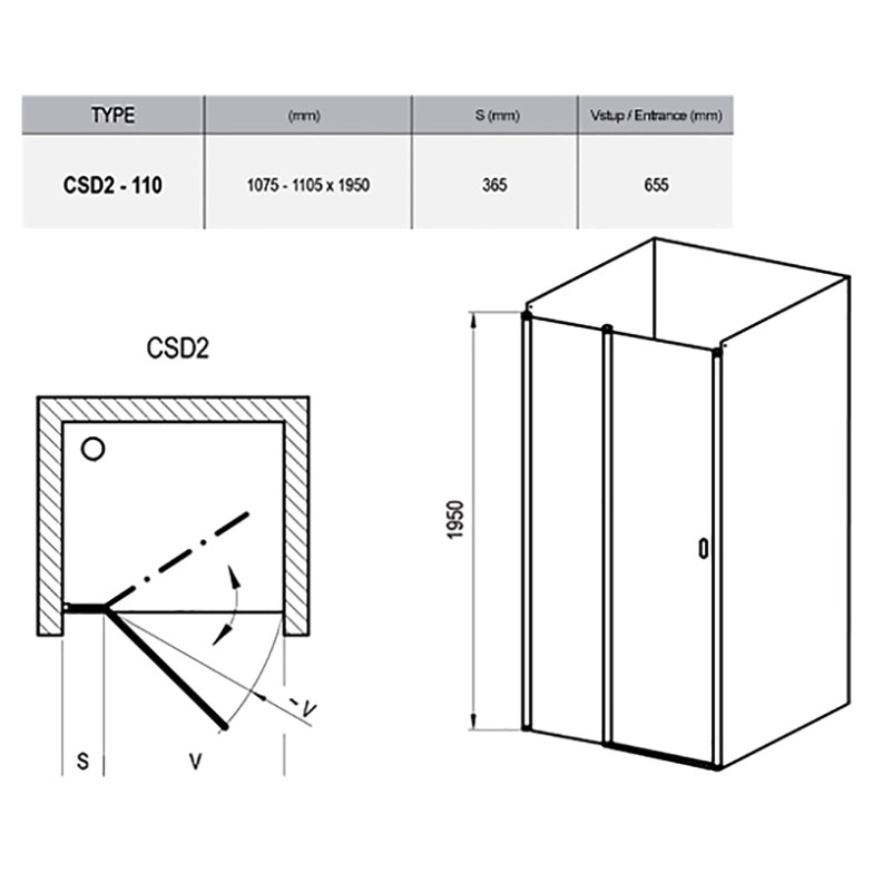 Душові двері CSD 2-110 Transparent + сатиновий Ravak  (0QVDCU00Z1)