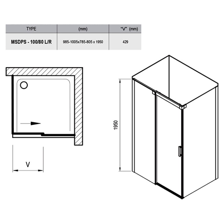 Душова кабіна MSDPS 100/80 L Transparent + сатиновий Ravak  (0WLA4U00Z1)