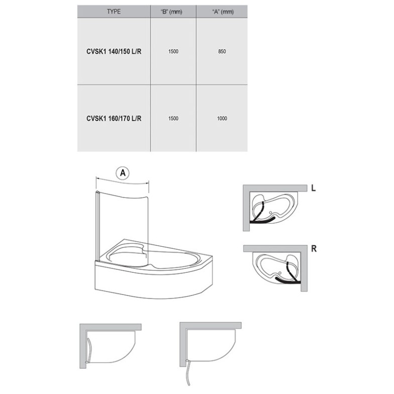 Шторка на ванну CVSK1 Rosa 160/170 L Ravak  (7QLS0C00Y1)