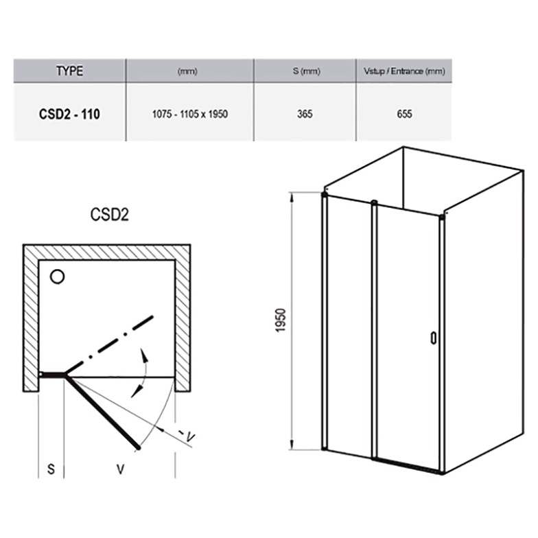 Душові двері CSD 2-110 Transparent Ravak  (0QVDCC00Z1)