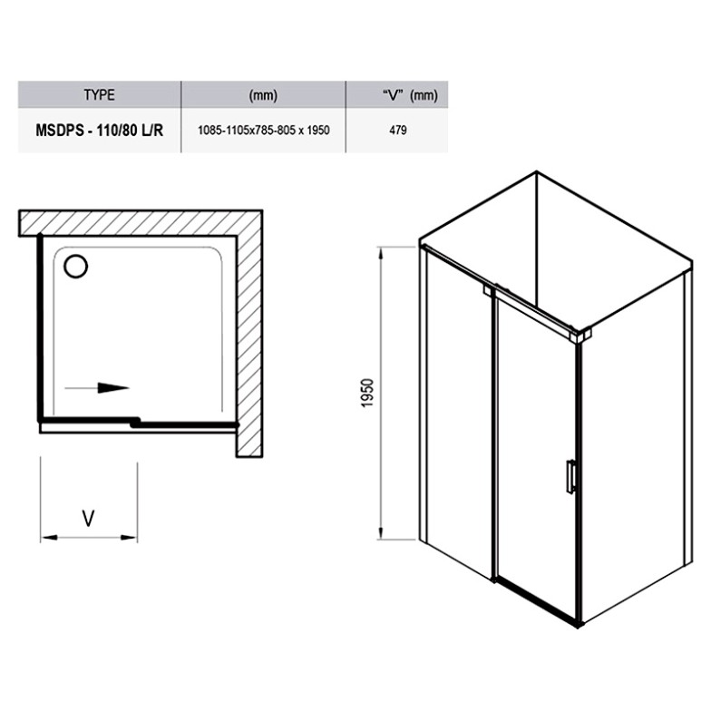 Душова кабіна MSDPS 110/80 L Transparent + сатин Ravak  (0WLD4U00Z1)