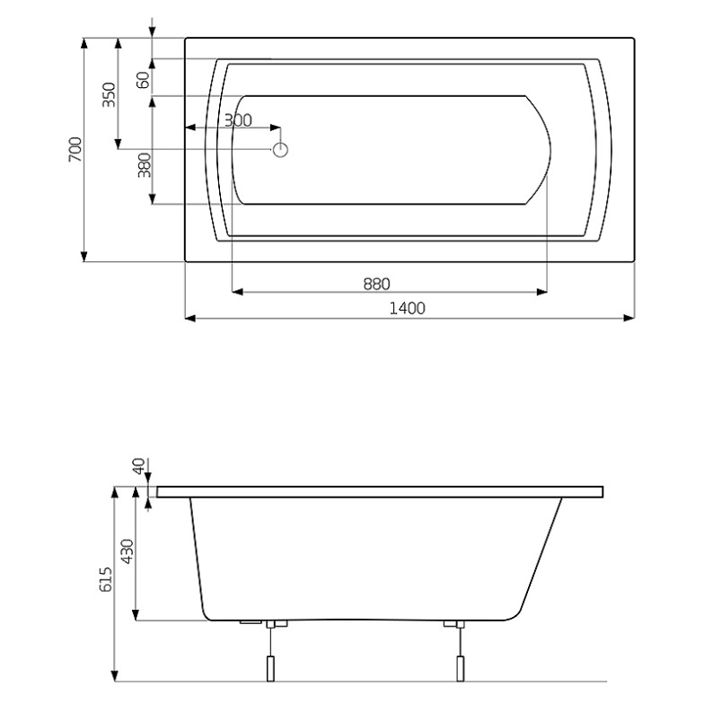 Ванна Linea 140x70 з ніжками Roca  (A24T002000)