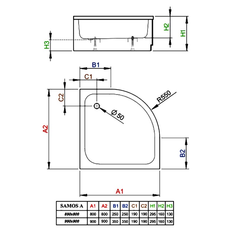 Піддон Samos A 90x90 з ніжками і панеллю Radaway  (4S99300-03)