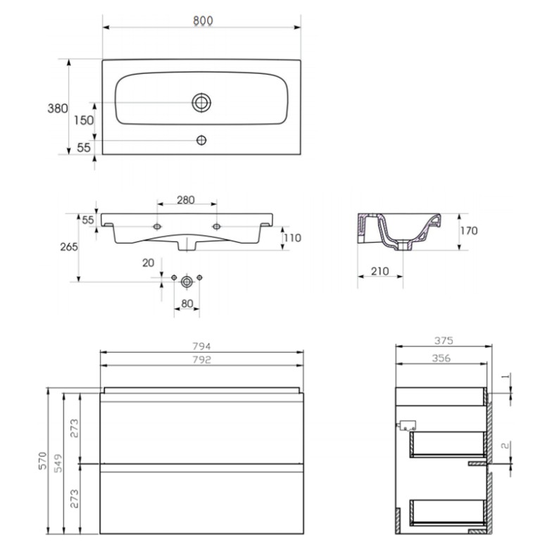 Шафка і раковина Moduo Slim 80 сірий Cersanit  (S801-224)