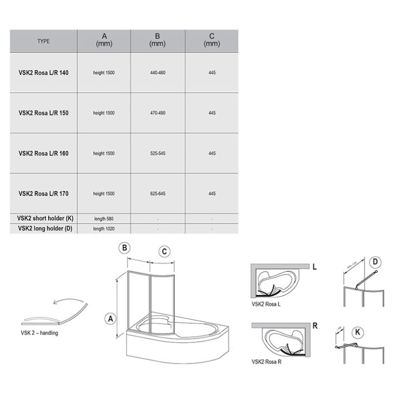 Штора для ванни VSK 2 Rosa 160 L Ravak  (76L90100Z1)