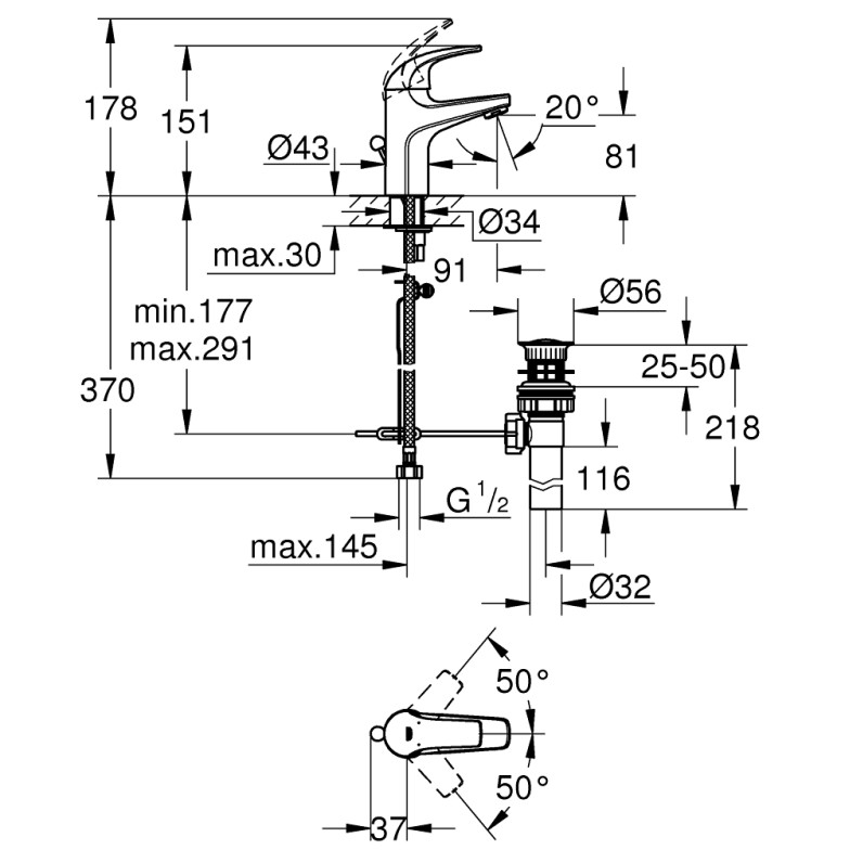 Змішувач для умивальника BauCurve S-Size 32805000 Grohe